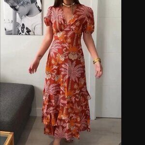 Zara‎ Floral Wrap Midi in Red and Orange Ruffled Tiered Skirt XS